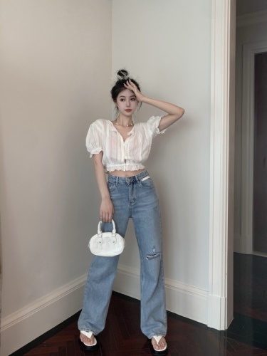Real Price Real Price Retro Fashion Simple Straight Pants High Waist Craft Wide Leg Washing Water Falling Ripped Jeans