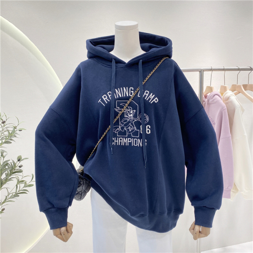 Autumn and winter large size sweater women's plus velvet oversize retro Hong Kong style hooded thick coat ins tide purple hooded