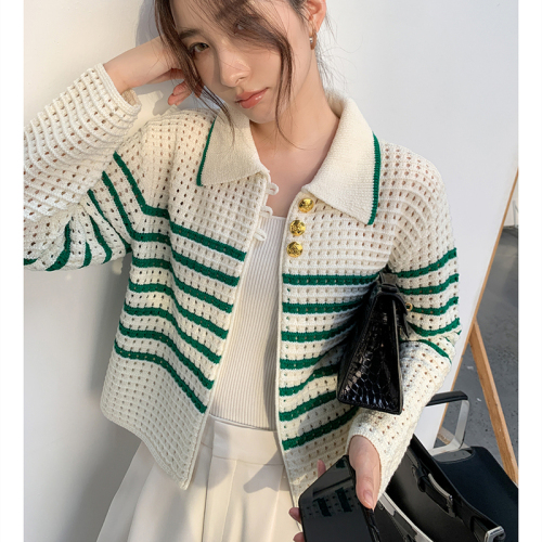 2022 autumn new style small fragrant style loose set dyed coat loop yarn hollow striped knitted top women