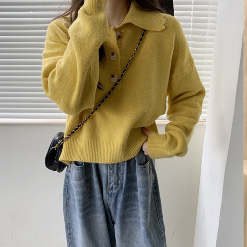 polo collar bottoming sweater women's spring and autumn new loose and lazy style design niche short knitted top inner wear