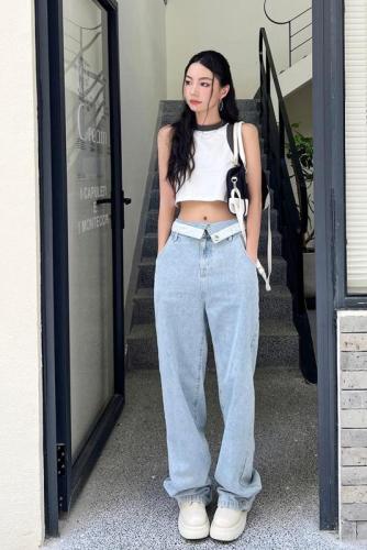 Real shot 2022 autumn and winter new trendy brand design trousers waist flanging contrast color loose jeans straight wide leg pants women