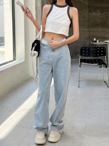 Real shot 2022 autumn and winter new trendy brand design trousers waist flanging contrast color loose jeans straight wide leg pants women
