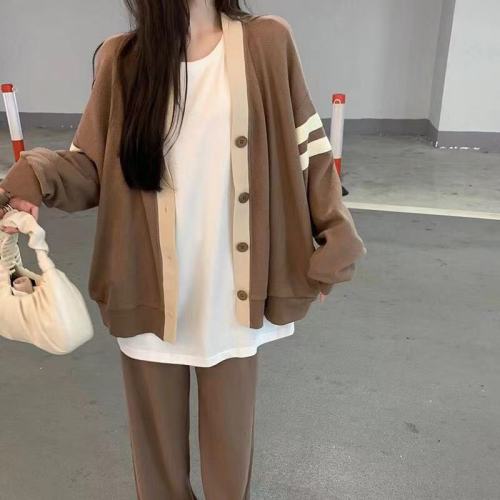 Korean style contrast color stitching cardigan single-breasted loose lazy style college style long-sleeved sweater women's top coat autumn