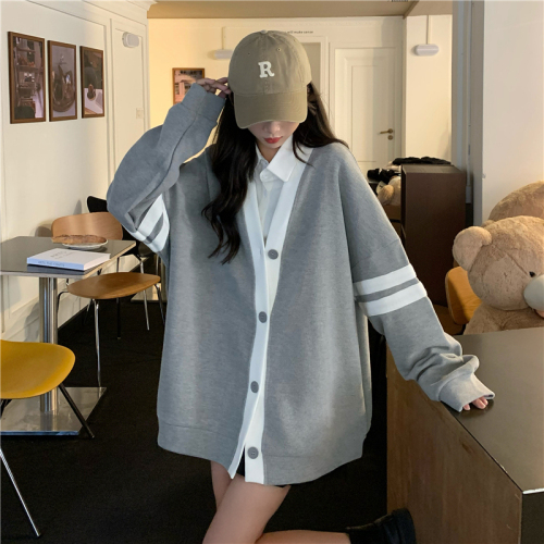Korean style contrast color stitching cardigan single-breasted loose lazy style college style long-sleeved sweater women's top coat autumn