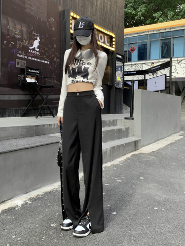 Twill Western Suit Pants Women's High Waist Straight Wide Leg Pants Casual Loose Slit Mopping Pants