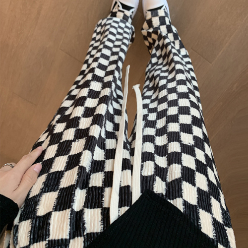Official map Chenille 3D velvet checkerboard wide-leg pants women's spring and autumn high waist casual mopping straight pants plaid trousers