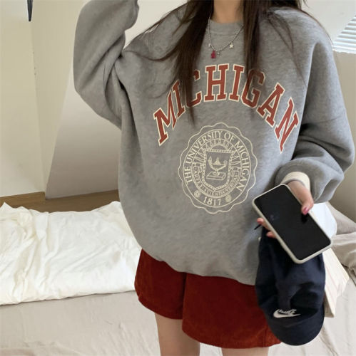 Plus velvet thick thin section winter new round neck letter printing casual loose all-match age-reducing pullover sweater women
