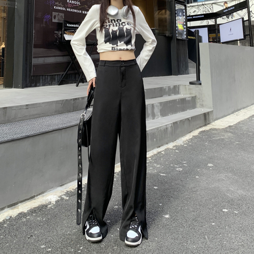 Twill Western Suit Pants Women's High Waist Straight Wide Leg Pants Casual Loose Slit Mopping Pants