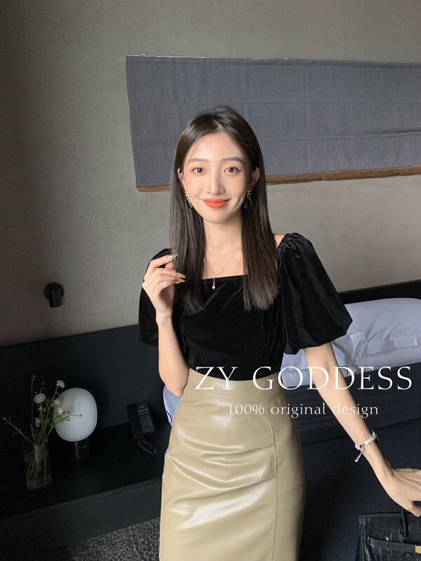 Original price 77.83! [ZY] Two wear French velvet short-sleeved lantern-sleeved top shirt 18003
