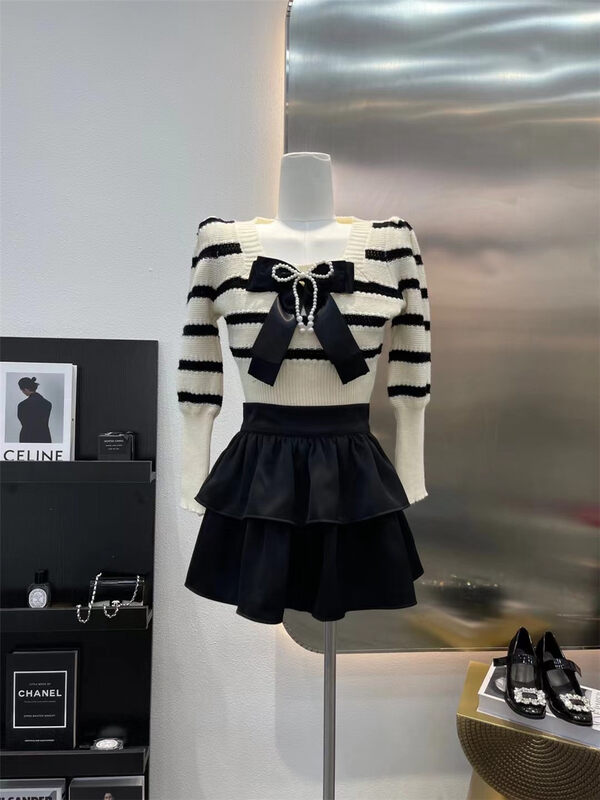 New in autumn! [LINNA] Striped all-match thin knitted sweater (with detachable bow) 82907# JJ