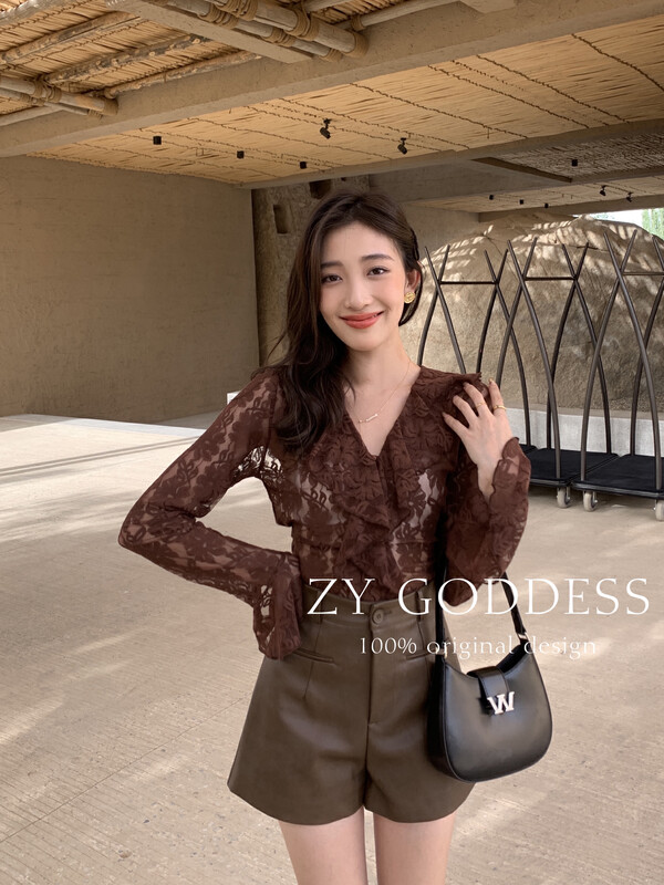 [ZY] Lotus leaf design sense bandage waist long-sleeved lace shirt YS1-18027