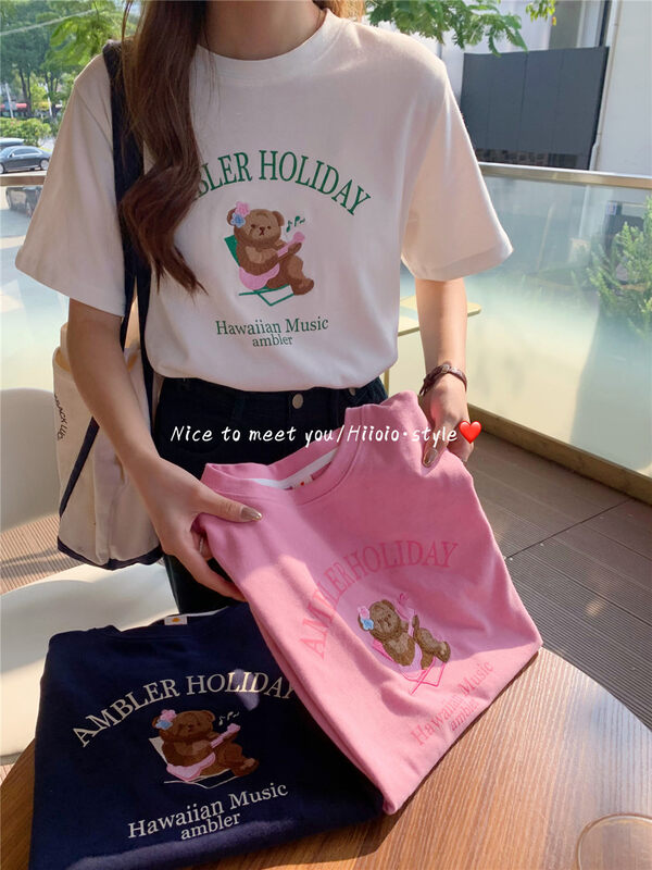 New in autumn! [RARA] round neck bear all-match embroidered short-sleeved T-shirt 87176# LSL