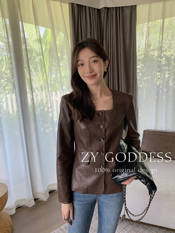 [ZY] Retro square collar single-breasted PU leather jacket short jacket ((Yu sister temperament)) 18173# JHY