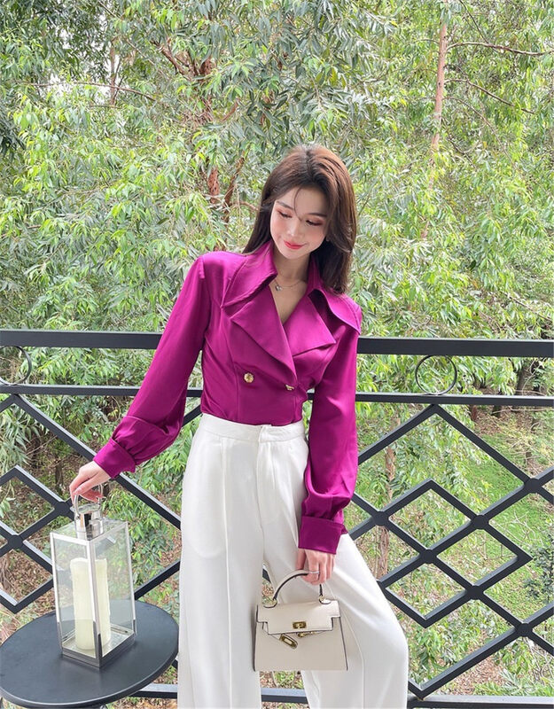 New in early autumn!【LINNA】Commuter double-breasted solid color shirt 6935# JJ