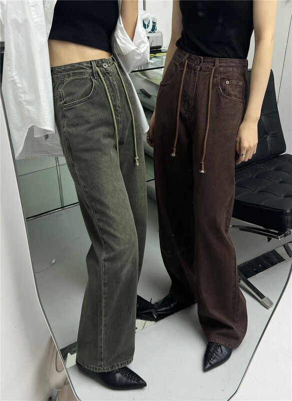 New in autumn!【T-PLATFORM】Korean loose straight-leg lacing jeans V8881# CQW