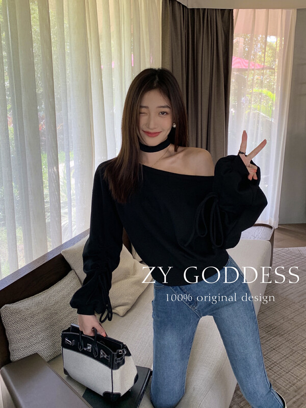 【ZY】Slanted Shoulder Two-Wear Lantern Sleeve Pleated Drawstring One-Shoulder Sweater ((Delivery Pure Desire Neck Cover) 18156# JHY
