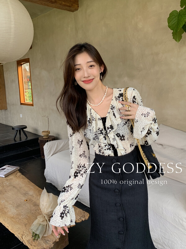 【ZY】Vintage Spice Lace Print Ruffled Lace Shirt 18122# JHY