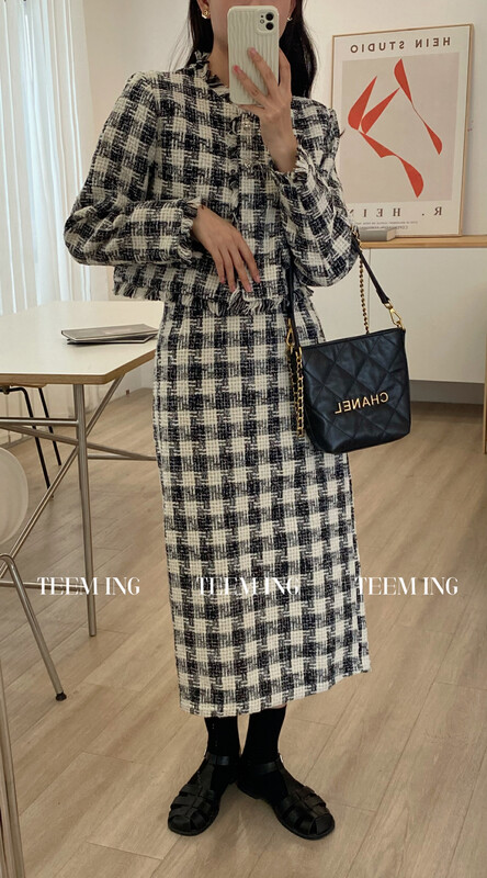 Autumn is new!【TEEM ING】Small Shang Plaid Soft Nylon Jacket + Versatile Temperament Skirt Suit 22T615# HJY