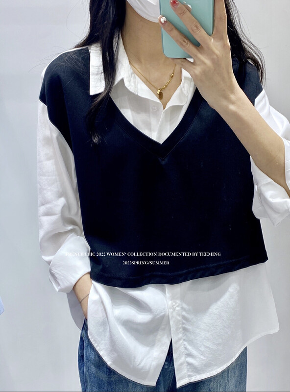 Original price 66.55! New in autumn! [TEEM ING] Korean fake two-piece long-sleeved shirt 22T025AA# HJY