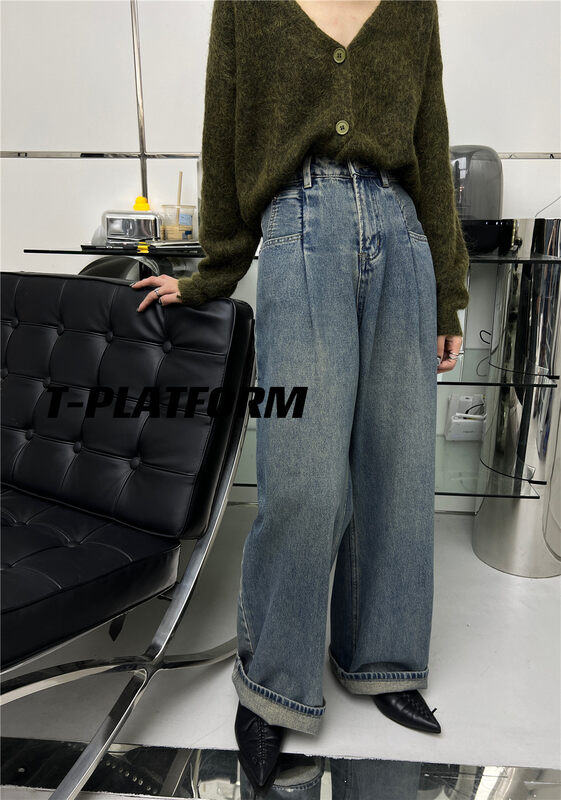New in autumn!【T-PLATFORM】Korean wide leg high waist slim jeans 8931# CQW
