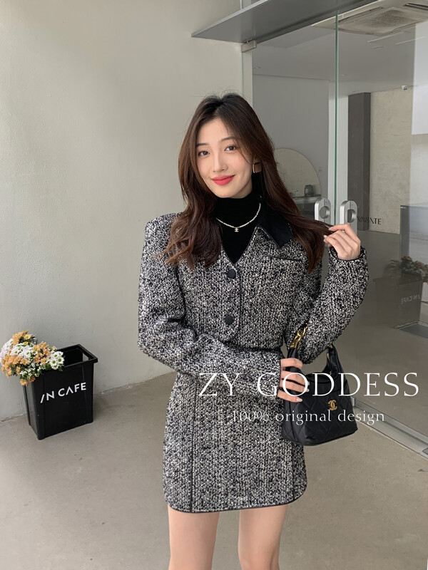 [ZY] woven woolen suit with lapel and leather sweet and cool shoulder pad coat high waist A-line skirt suit (including 50 woolen woolen) 18197