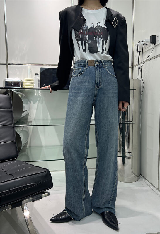 New for Autumn!【T-PLATFORM】Personalized Leather Label Loose Casual Jeans V8775# CQW