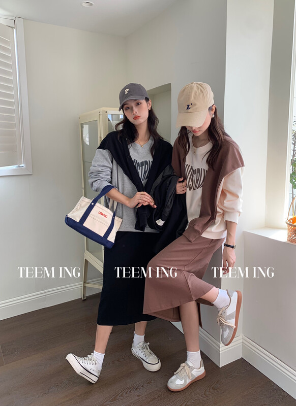 New for Autumn! [TEEM ING] Stitched shawl design contrast color printed pullover sweater + elastic waist all-match skirt suit 22T888# HJY