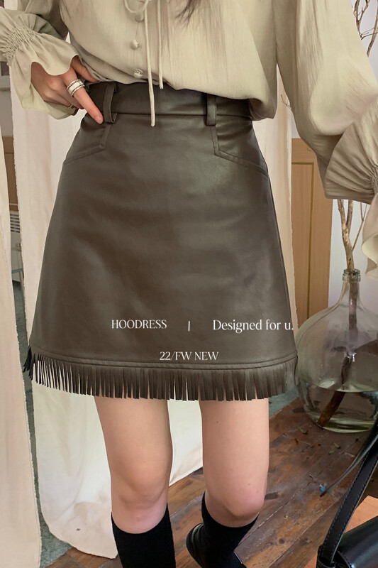 Autumn is new! [Fire HOODRESS] Custom tassel edge a swing high waist leather skirt 22495# JHY