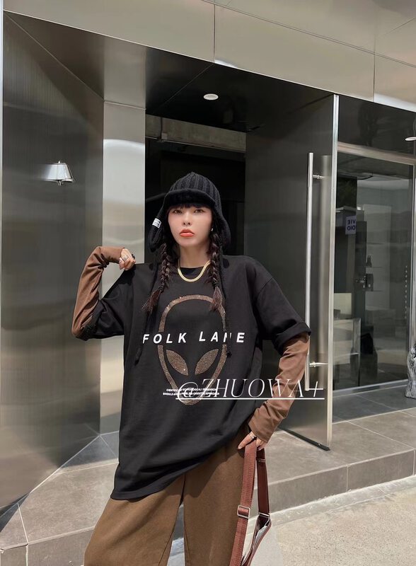 【Strictly Selected by Buyers-Zuowa】Heavy Industry Pattern Loose Large Long Sleeve T-Shirt 2672# CL