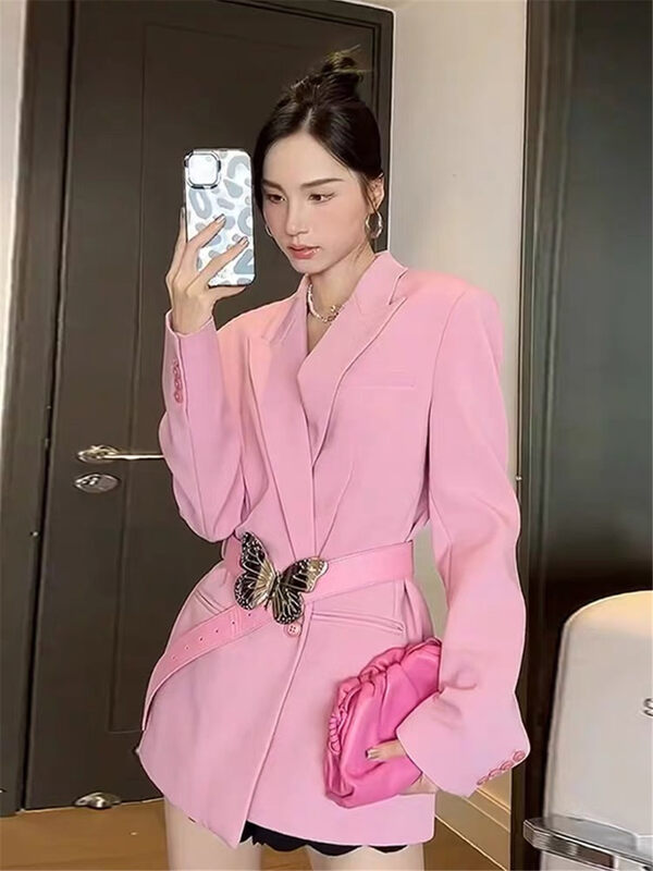New in autumn! [LINNA] temperament solid color all-match suit (with belt) 124779# JJ