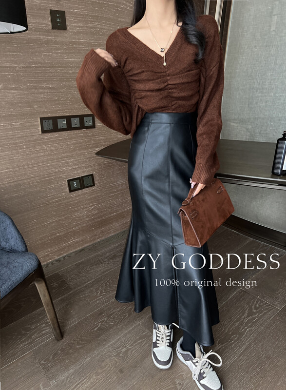 [ZY] slit fishtail skirt lambskin leather skirt midi skirt skirt 28057-1