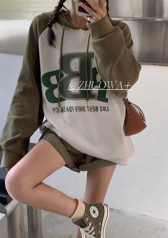 New in autumn! [Strictly selected by buyers - Zhuowa] Korean color matching design versatile hooded letter printing sweater 5727# CL