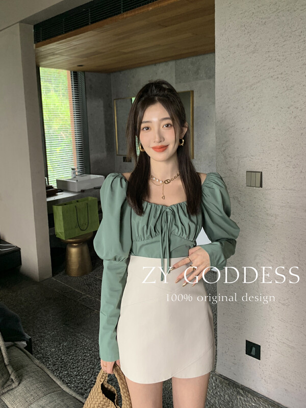 Original price 77.83! [ZY] French Puff Sleeve Irregular Hem Slim Design Shirt 18015