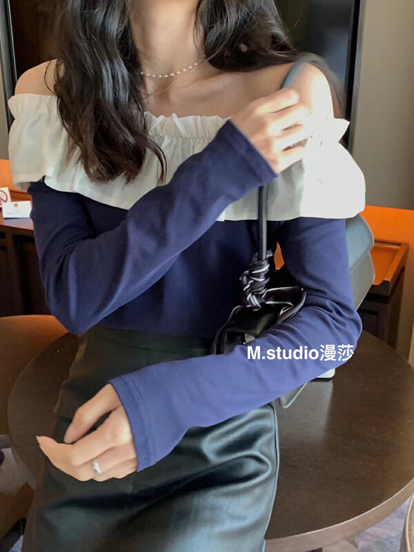 Original price 62.04! New in early autumn! [MSTUDIO Mansha] One word shoulder color matching fashion shirt 221# LL