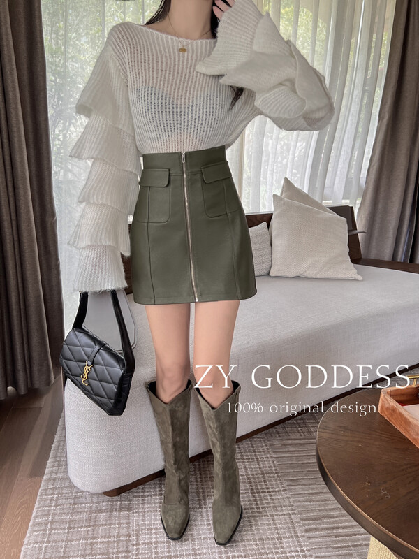 [ZY] Tooling pocket zipper high waist PU leather skirt (slim and versatile) 28091