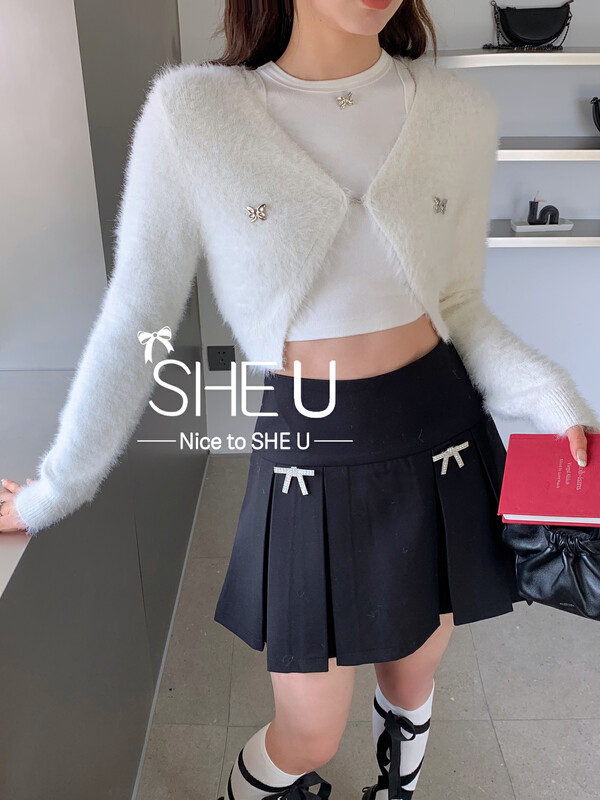 [SHE U] Korean slim and versatile pleated short skirt (with bow (removable)) 81098