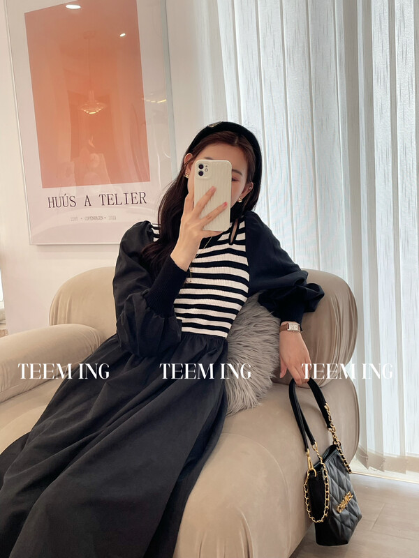 Autumn is new!【TEEM ING】Korean cutout stitching dress 22T620# HJY