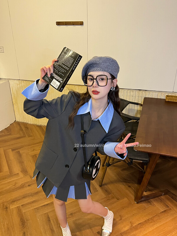 [FEI MAO] Korean high-end color matching loose temperament medium and long suit jacket suit Z-8704