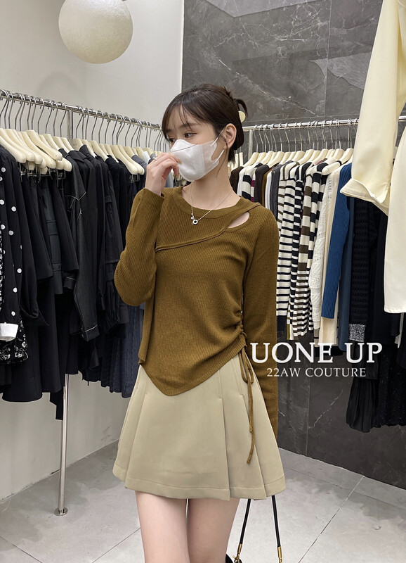 Autumn is new! [UONE] Design Drawstring Slim Hollow Knit Sweater (including 20% ​​wool) 6625# LSL