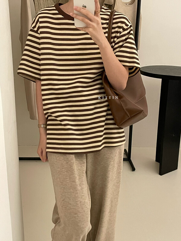 【KITTIN】Korean style simple striped round neck short-sleeved T-shirt 3131