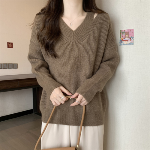 V-neck ripped sweater women's autumn and winter clothes, lazy style, loose and thin, all-match long-sleeved sweater