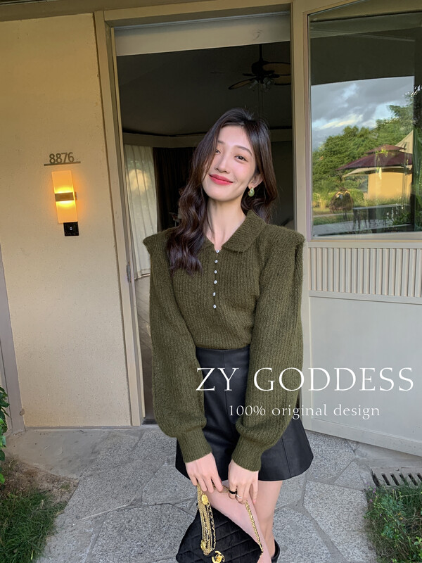 [ZY] French retro shell button right angle shoulder lapel sweater knitted sweater (including 22 wool) M35