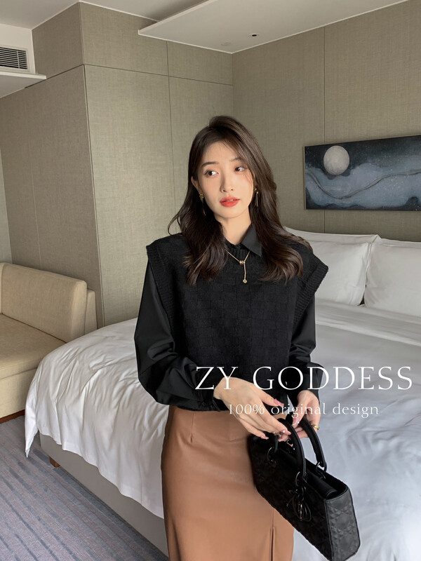 Original price 88.99! [ZY] Xiaoxiangfeng side stitching lace sweater vest knitted sweater (including 30 wool) S60
