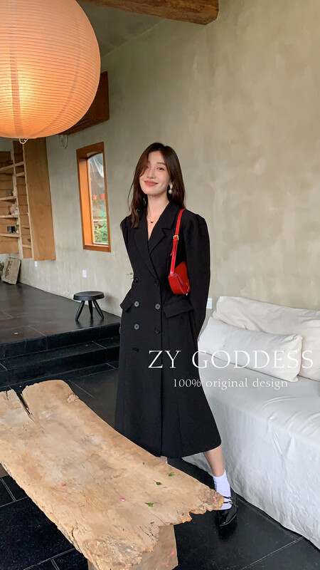 [ZY] Yujie puff sleeves deep V-neck leak waist design long suit dress suit ((coat jacket dress)) 18087# JHY