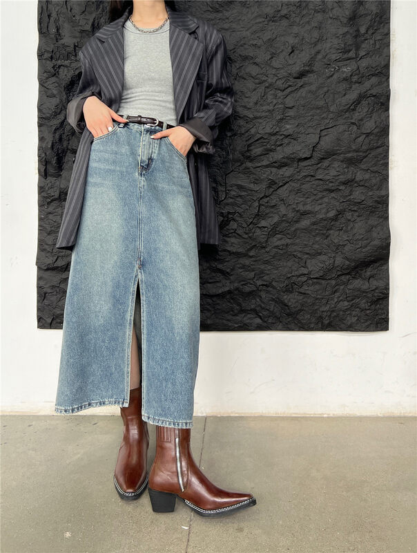 New in early autumn!【T-PLATFORM】Korean version of denim skirt with slits and slimming (with belt) 8608# CQW