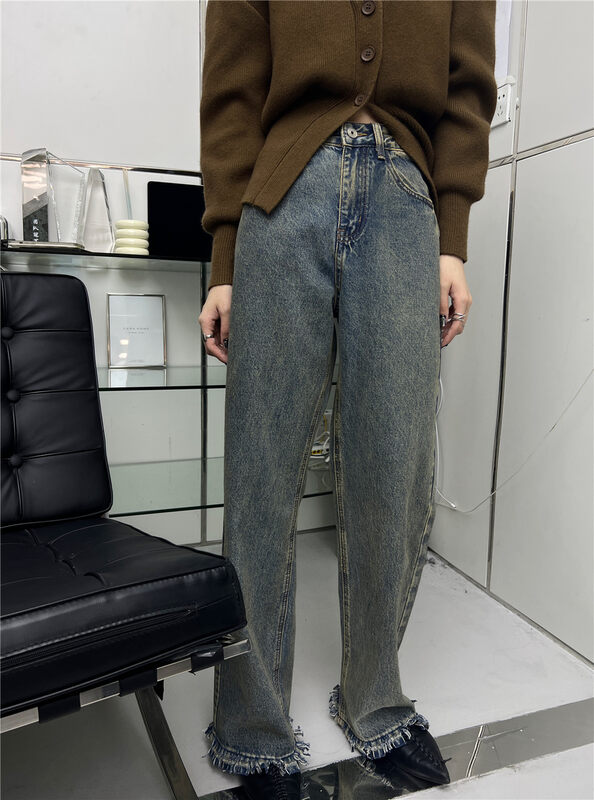 New in autumn!【T-PLATFORM】Simple loose wide-leg casual jeans V8769# CQW