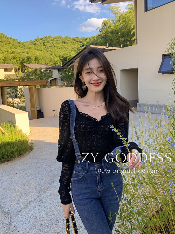 [ZY] Korean-style little women show thin one-shoulder lace long-sleeved shirt 18032