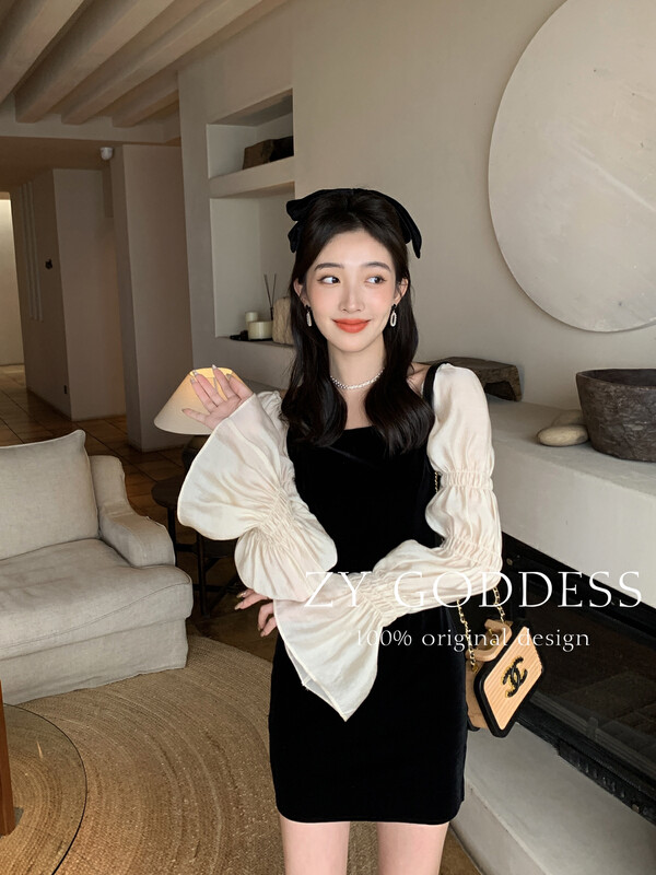 【ZY】Two Wears Tencel Festival Sleeve Splicing Velvet Elegant Dress 18009# JHY