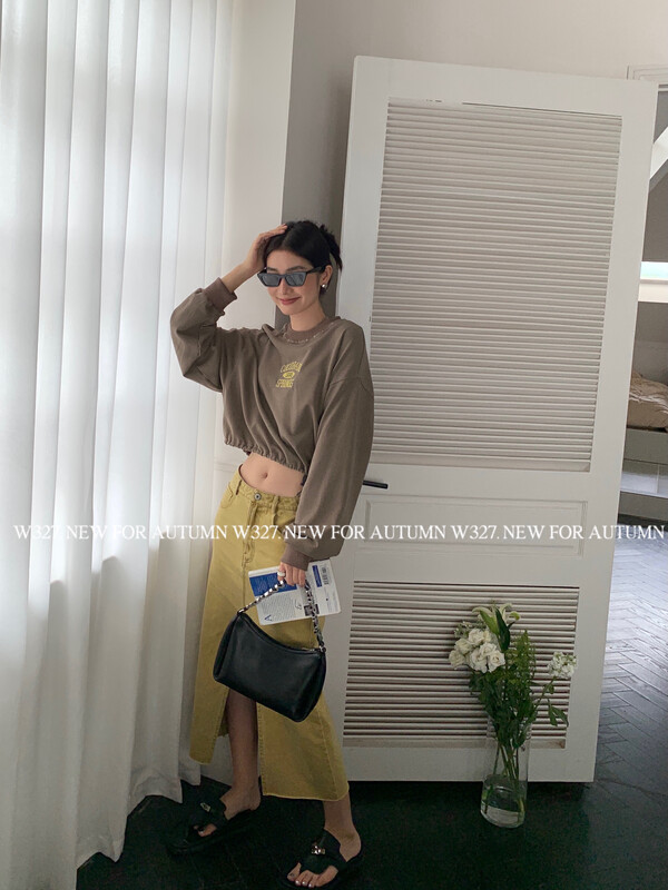 【W327.】Washed Embroidered Letter Drawstring Hem Short Sweatshirt 57025# CQW