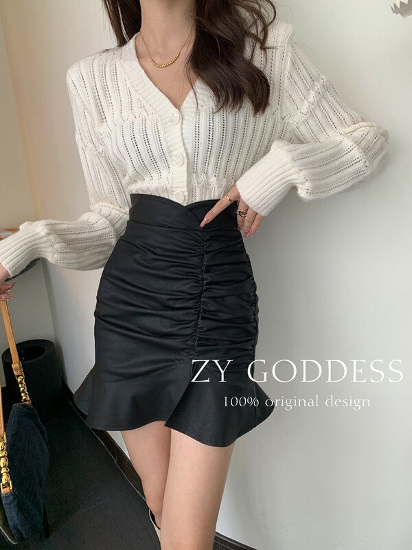 [ZY] Hot girl slit pleated small fishtail leather short skirt (with safety pants) 28068